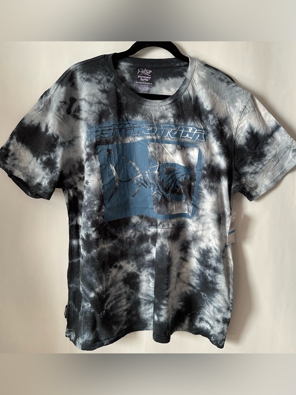 NWT PSYCHO TUNA Logo Stencil Black & White Tie-Dye Graphic T-Shirt XL